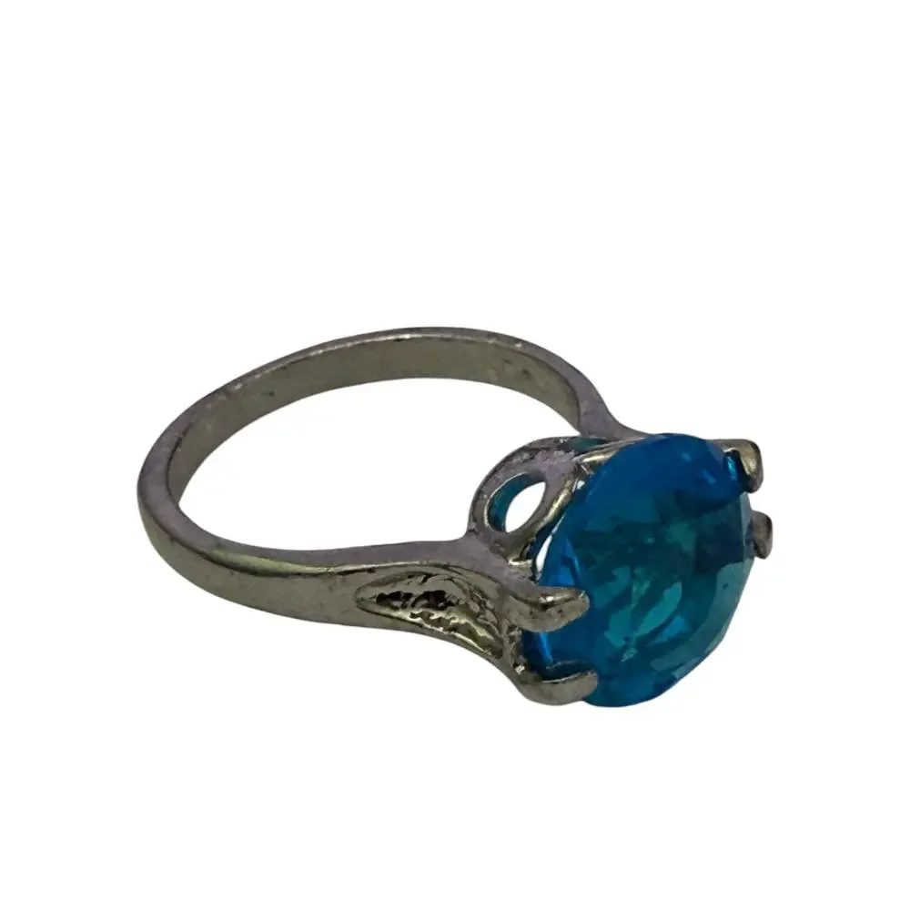 Blue Unique Solitaire Stone Silver Ring Size 9